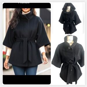 Tahari Women’s trendy preppy black faux fur belted jacket